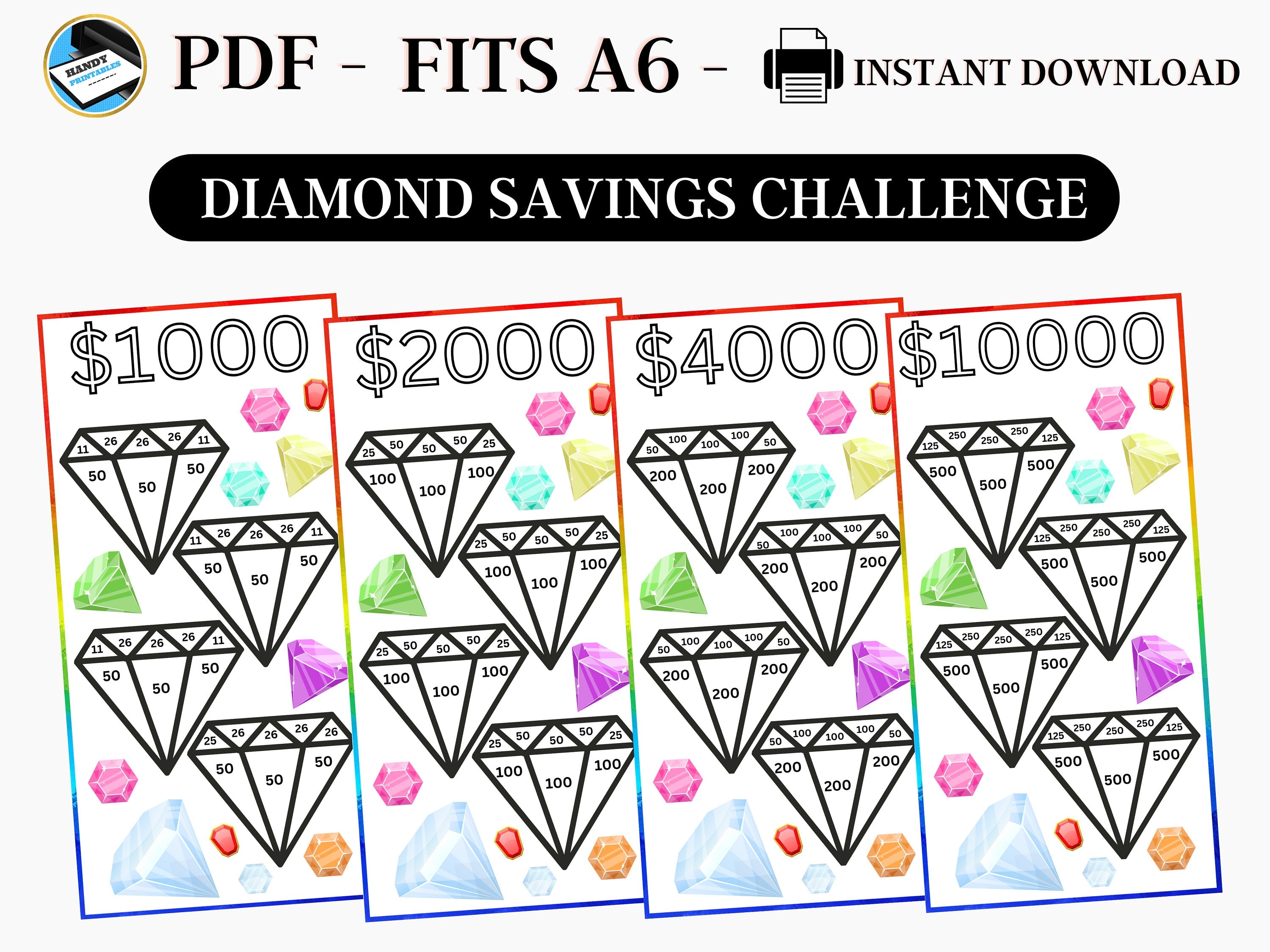 Savings Challenge Printable, A6 Savings Challenge, Diamond Savings Challenge, Colorful Savings Challenge, Printable A6 Savings, Fits A6, PDF - HandyPrintables