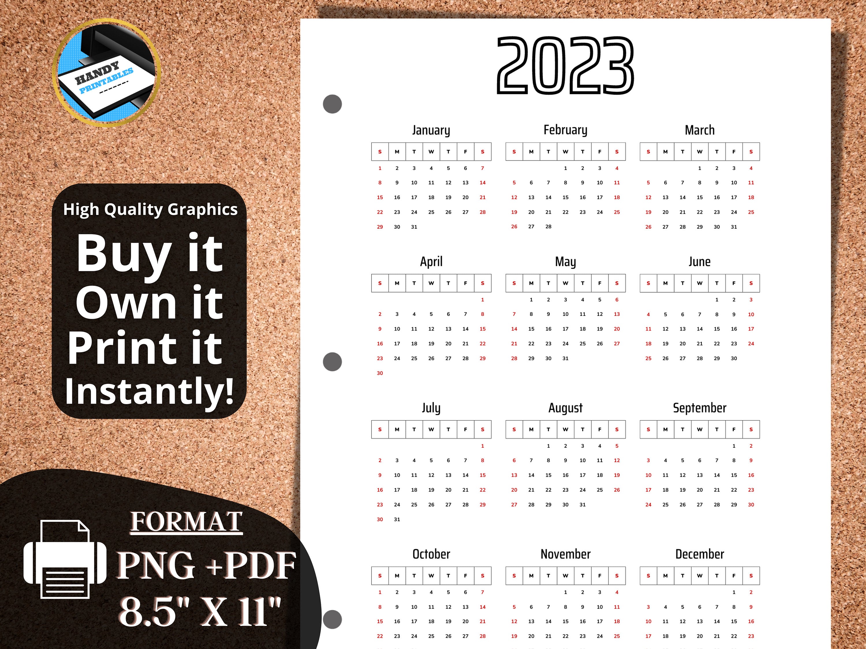 2023 One Page Calendar with 3-Hole Punch Out Templates, Single Page Calendar, Printable Calendar, PDF, PNG - HandyPrintables