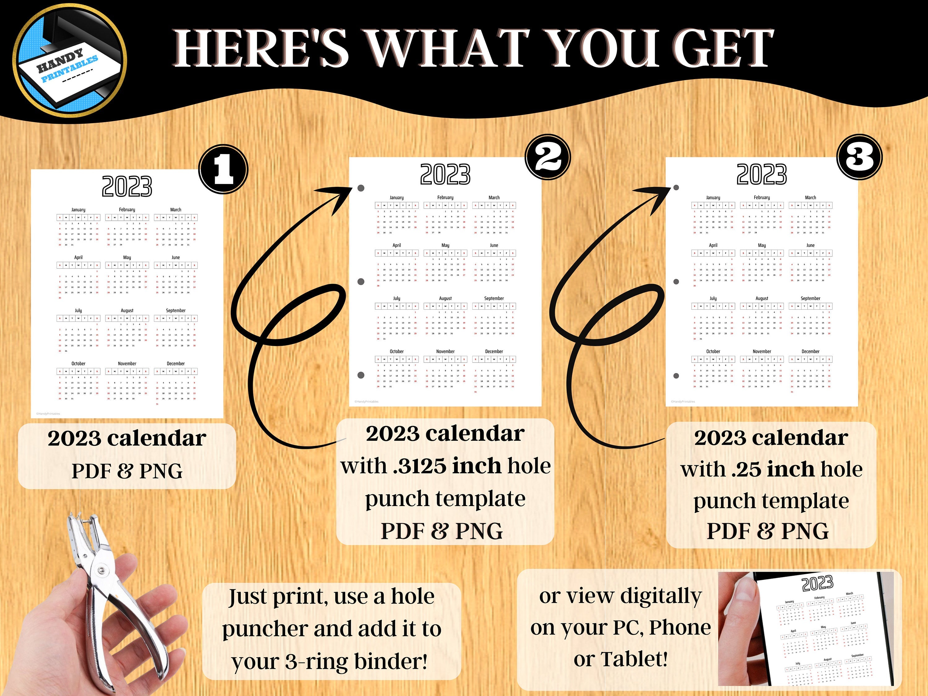 2023 One Page Calendar with 3-Hole Punch Out Templates, Single Page Calendar, Printable Calendar, PDF, PNG - HandyPrintables