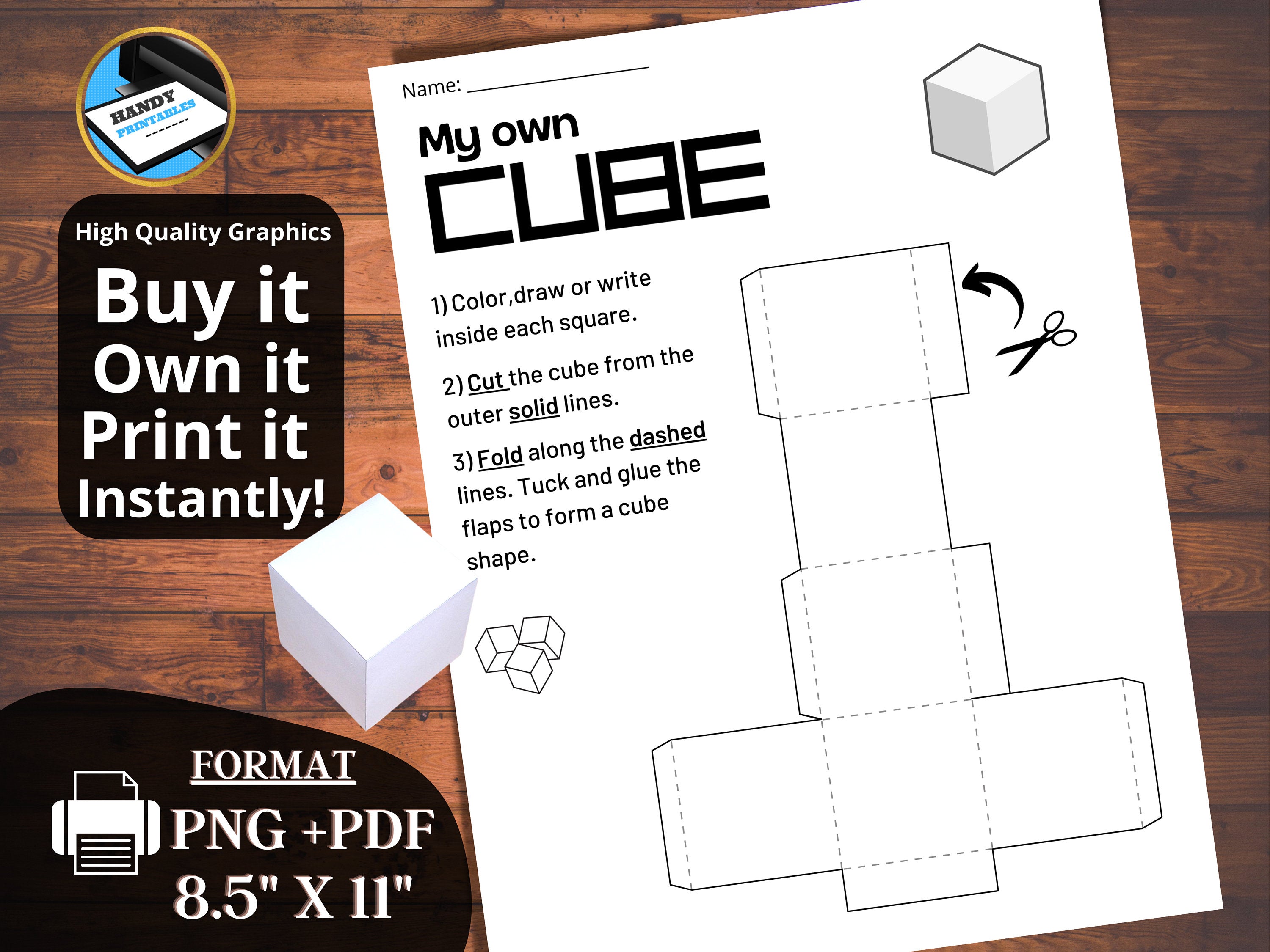 3D Paper Box Template, Small Cube, 3D Shape Printable, cutout activity, Paper Cube Template, PDF, PNG - HandyPrintables