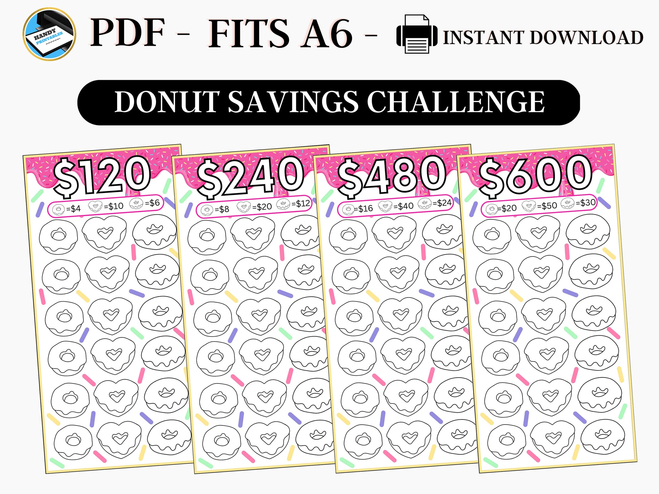 A6 Savings Challenge, Savings Challenge Printable, Donut Savings Challenge, Savings Challenge Bundle, A6 Sized Cute Savings, Fits A6, PDF - HandyPrintables