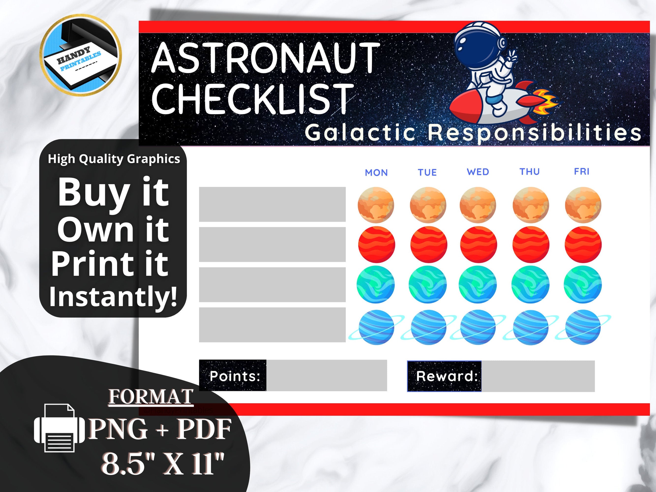Behavior Chart for Kids, Astronaut Behavior Checklist, Rewards Chart, Checklist, School Printable, PNG, PDF - HandyPrintables