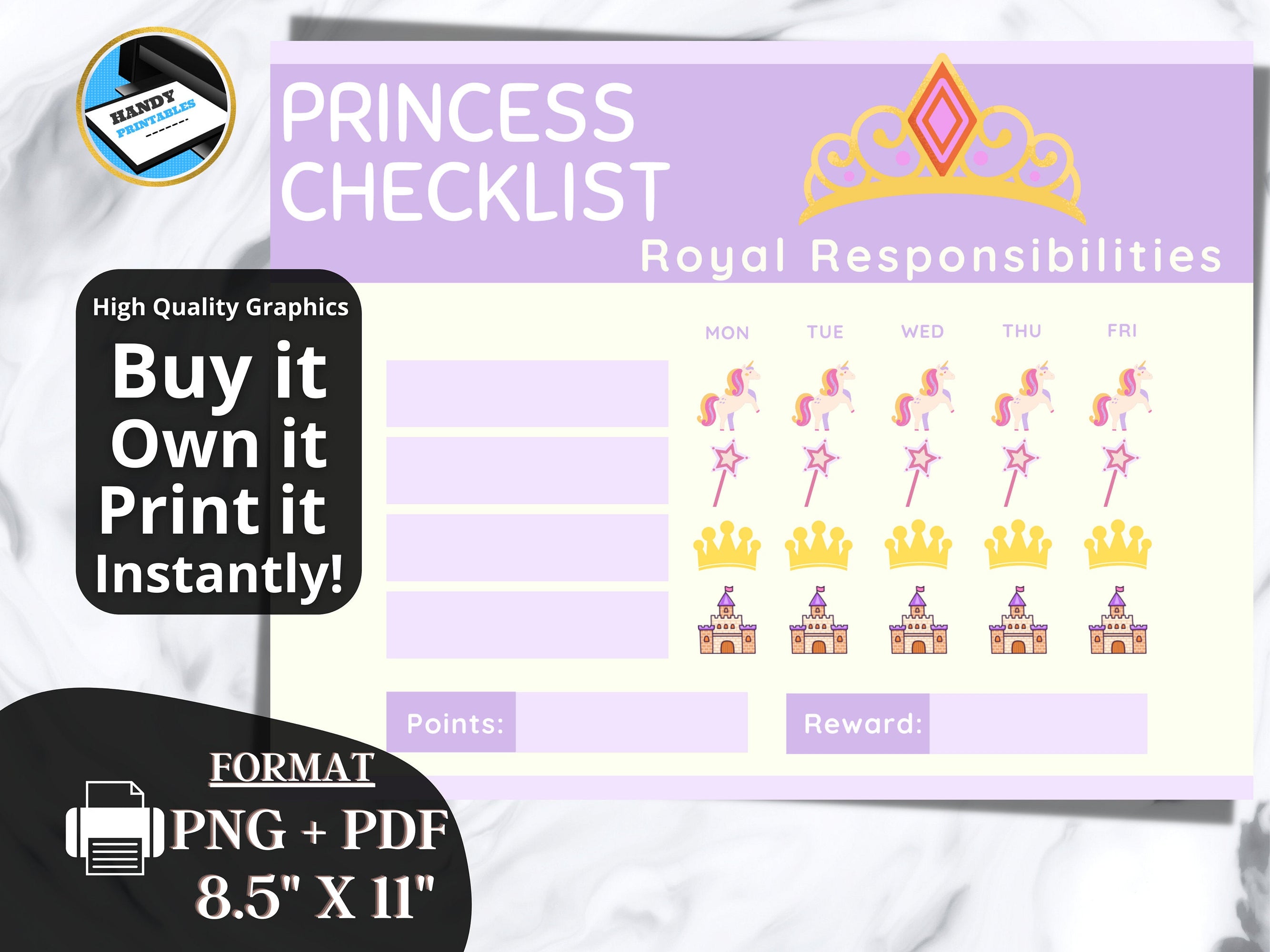 Behavior Chart for Kids, Princess 5 day Checklist for Kids, Behavior Chart, Rewards Checklist, Kids Checklist, School Printables, PNG, PDF - HandyPrintables