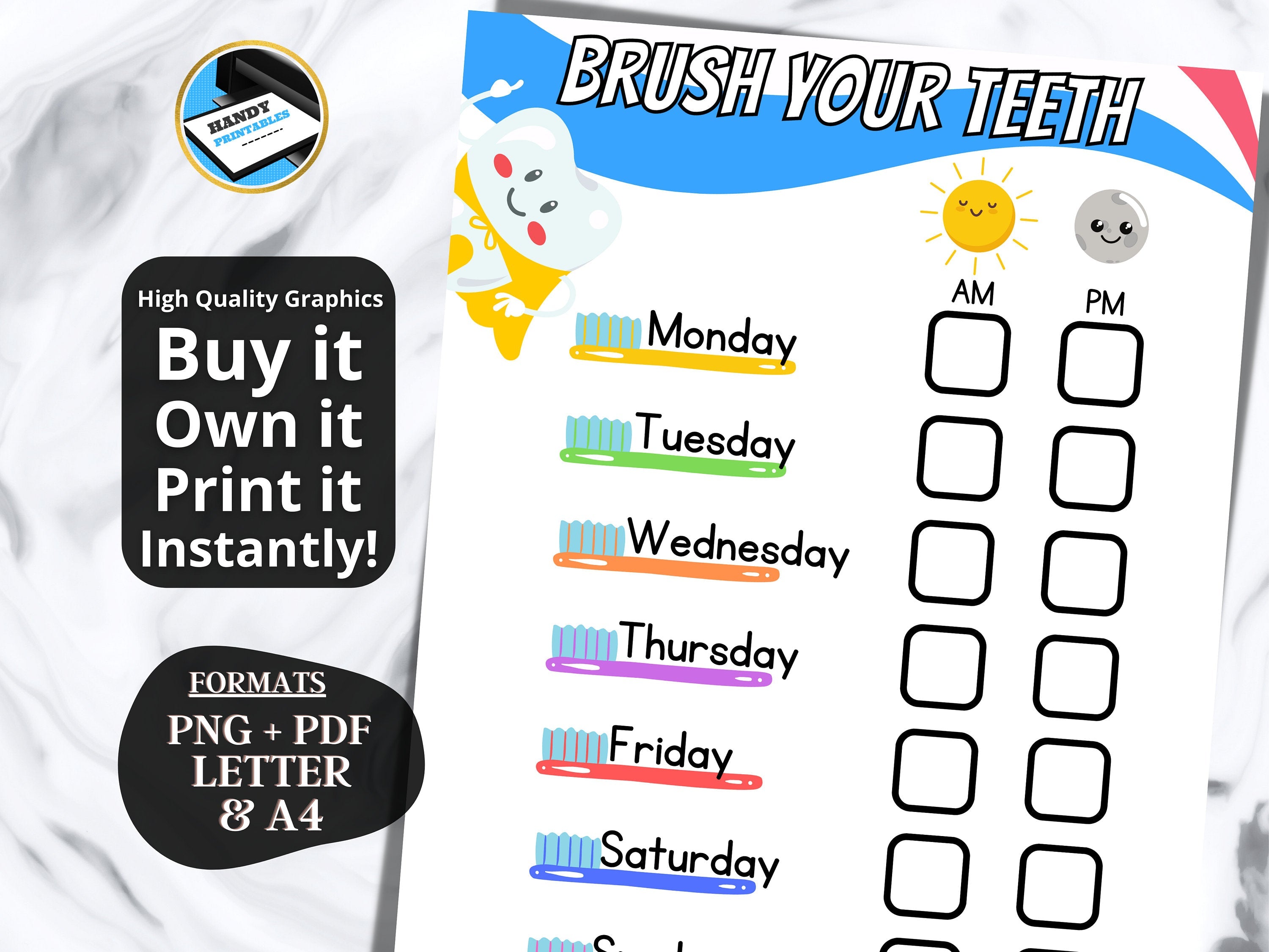Brush Teeth Printable, Kids Brushing, Weekly Brushing Checklist, Brush Teeth Chart, Teeth Brushing Chart, Toddler, Tooth Brushing Schedule - HandyPrintables
