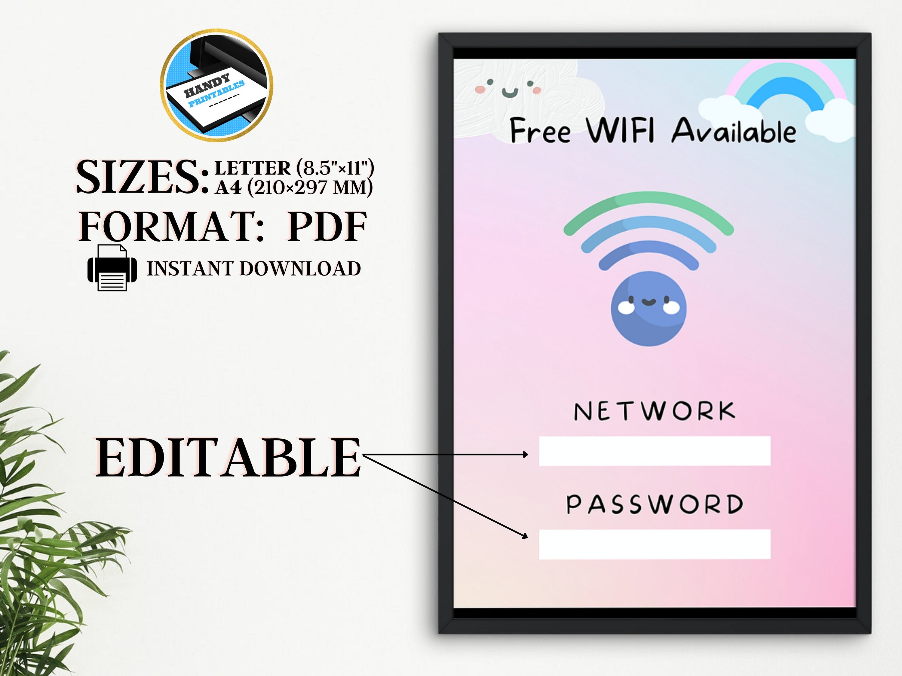 Cute WIFI Password Sign Printable,Editable Wifi Sign, Wifi Sign Digital Download, Wifi Password Sign, Printable Guest Wi-fi Instant Download - HandyPrintables