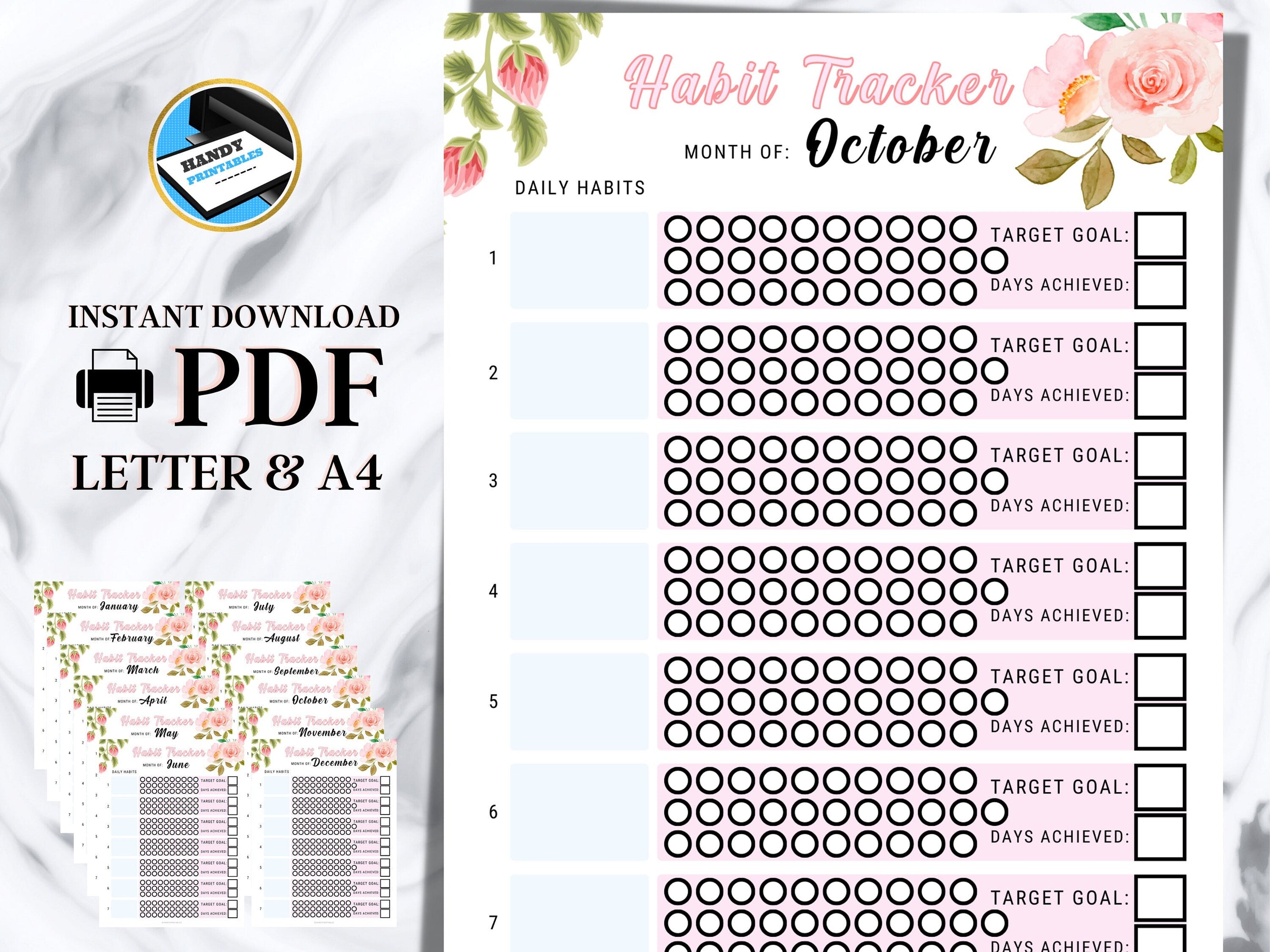 Daily Habit Tracker Printable, Monthly Habit Tracker, Routine Tracker, Habit Chart, PDF, A4 US Letter - HandyPrintables