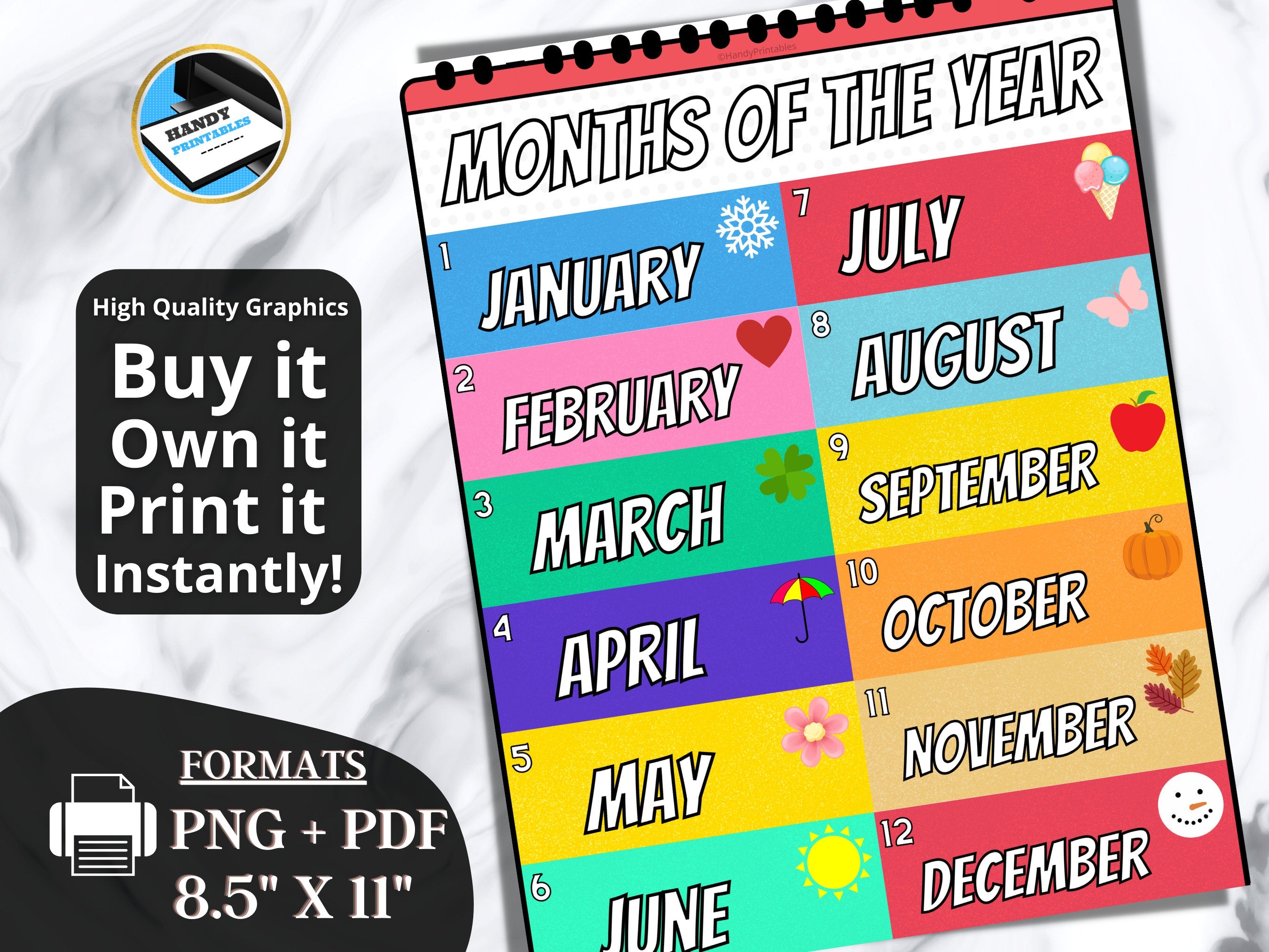 Months of the Year Printable, Clip Chart Classroom, Homeschool Learning, Classroom Printable, kids months of the year, INSTANT DOWNLOAD - HandyPrintables