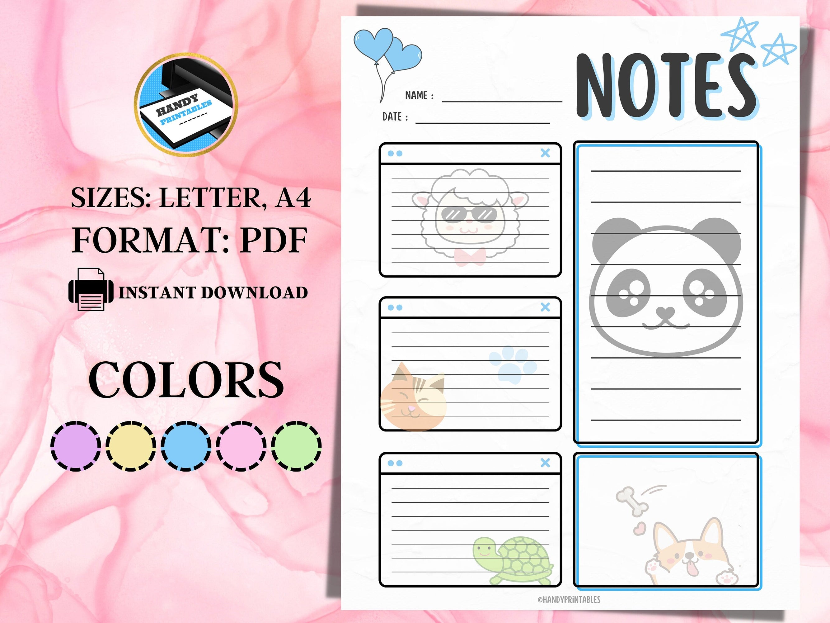 Notes Page Printable ,Planner Insert Notes, Kawaii Notes, Lined Notepad Paper, Animal Themed Notes, Cute Notes printable, INSTANT DOWNLOAD - HandyPrintables