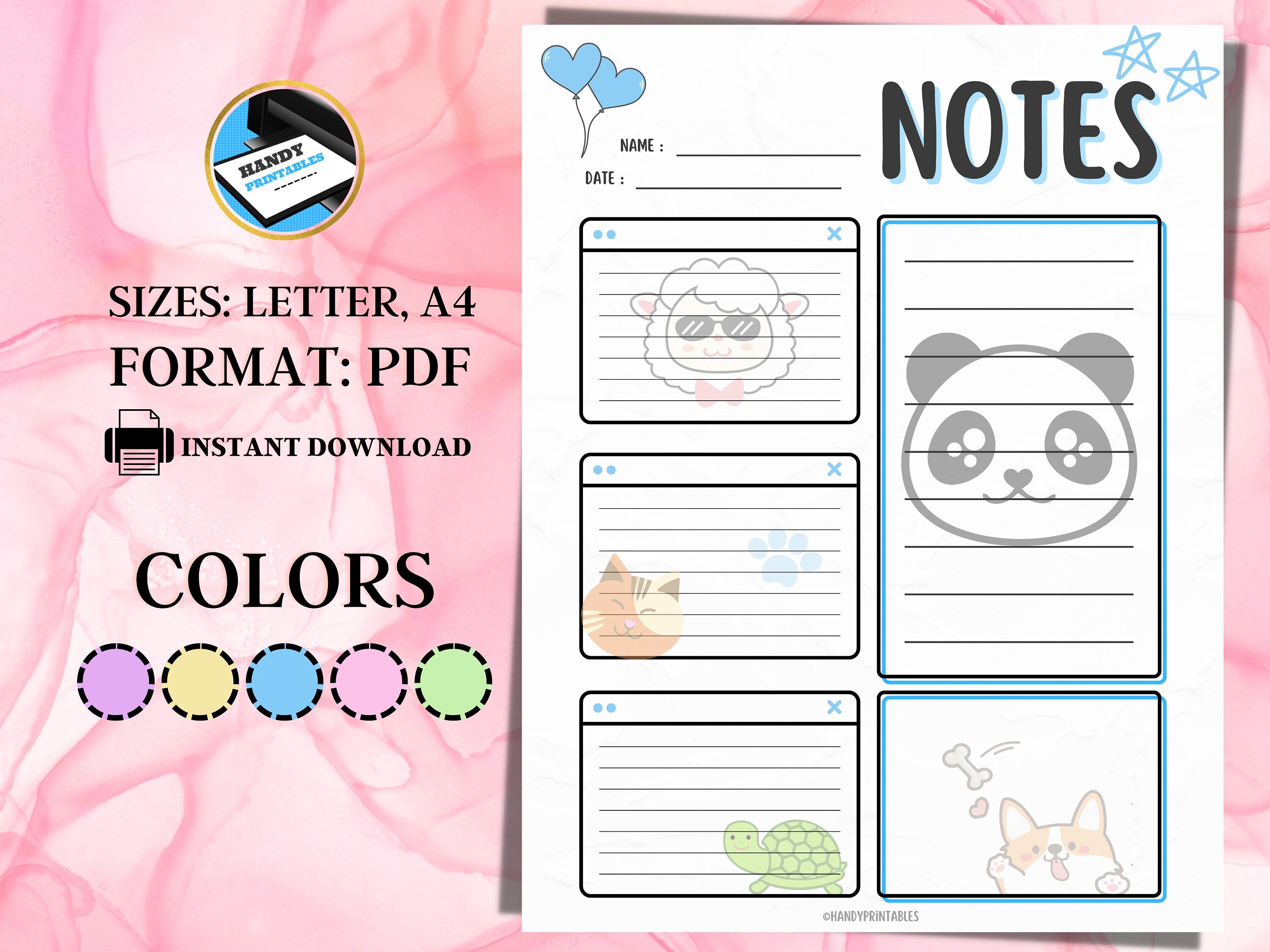 Notes Page Printable ,Planner Insert Notes, Kawaii Notes, Lined Notepad Paper, Animal Themed Notes, Cute Notes printable, INSTANT DOWNLOAD - HandyPrintables