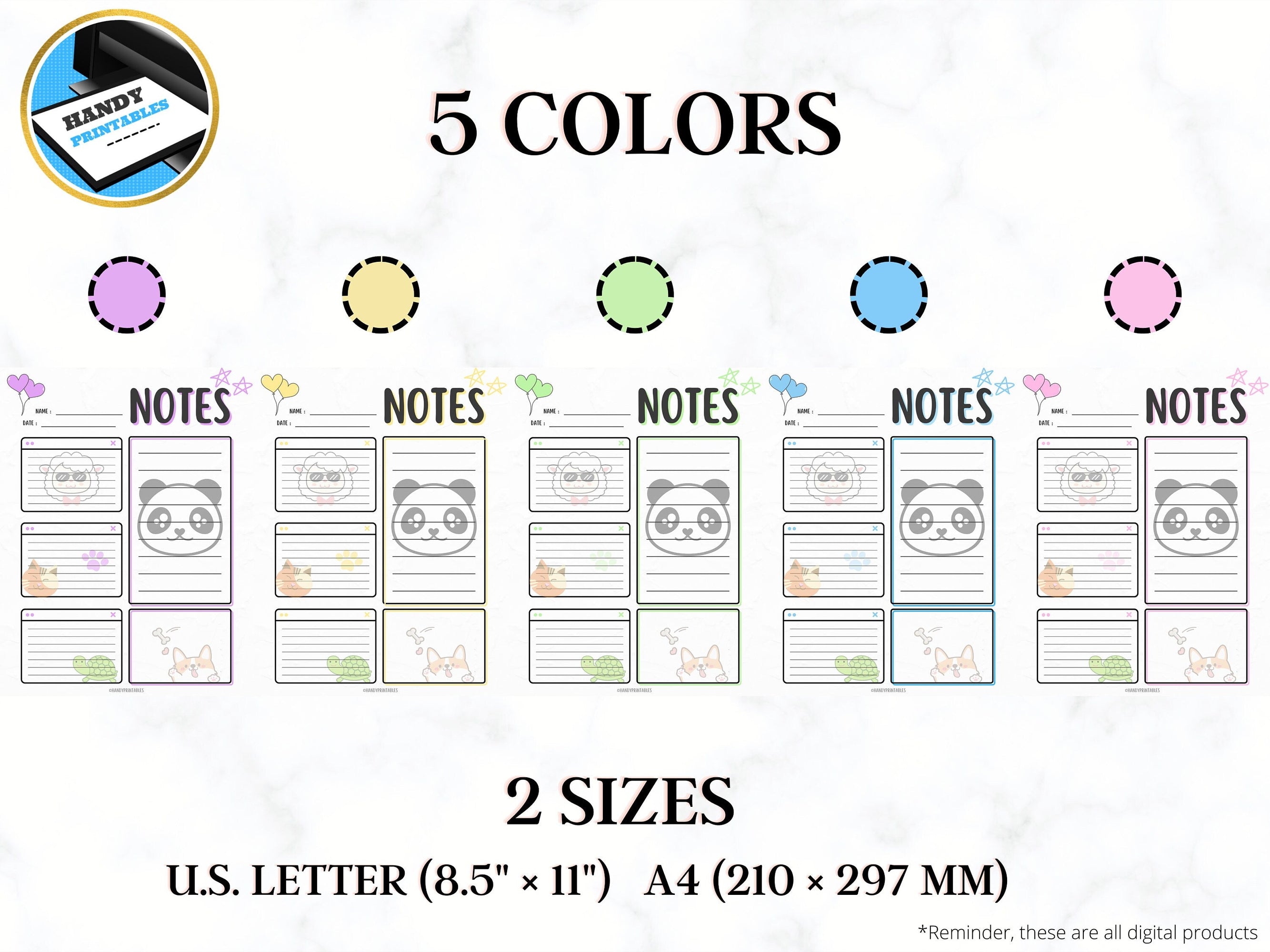 Notes Page Printable ,Planner Insert Notes, Kawaii Notes, Lined Notepad Paper, Animal Themed Notes, Cute Notes printable, INSTANT DOWNLOAD - HandyPrintables