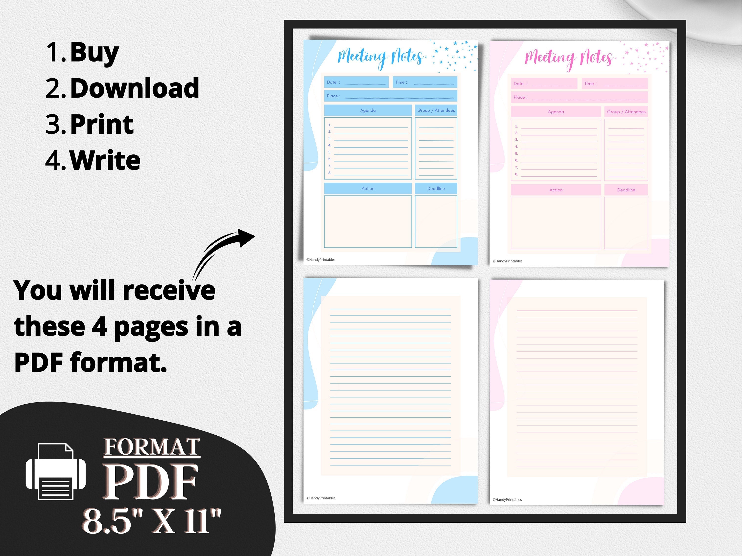 PRINTABLE Meeting Notes Template, Work Day Notes, Work Groups, Daily Work Notes, Planner Inserts, Teacher Notes, Office Notes, PDF - HandyPrintables