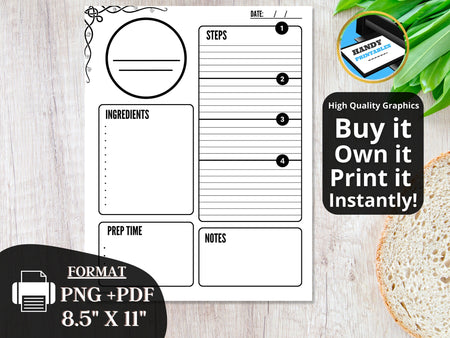 Printable Recipe Page, Clean and Sleek, Minimalist Recipe Sheet, French Inspired, Downloadable Recipe Page, High Quality, PNG, PDF - HandyPrintables