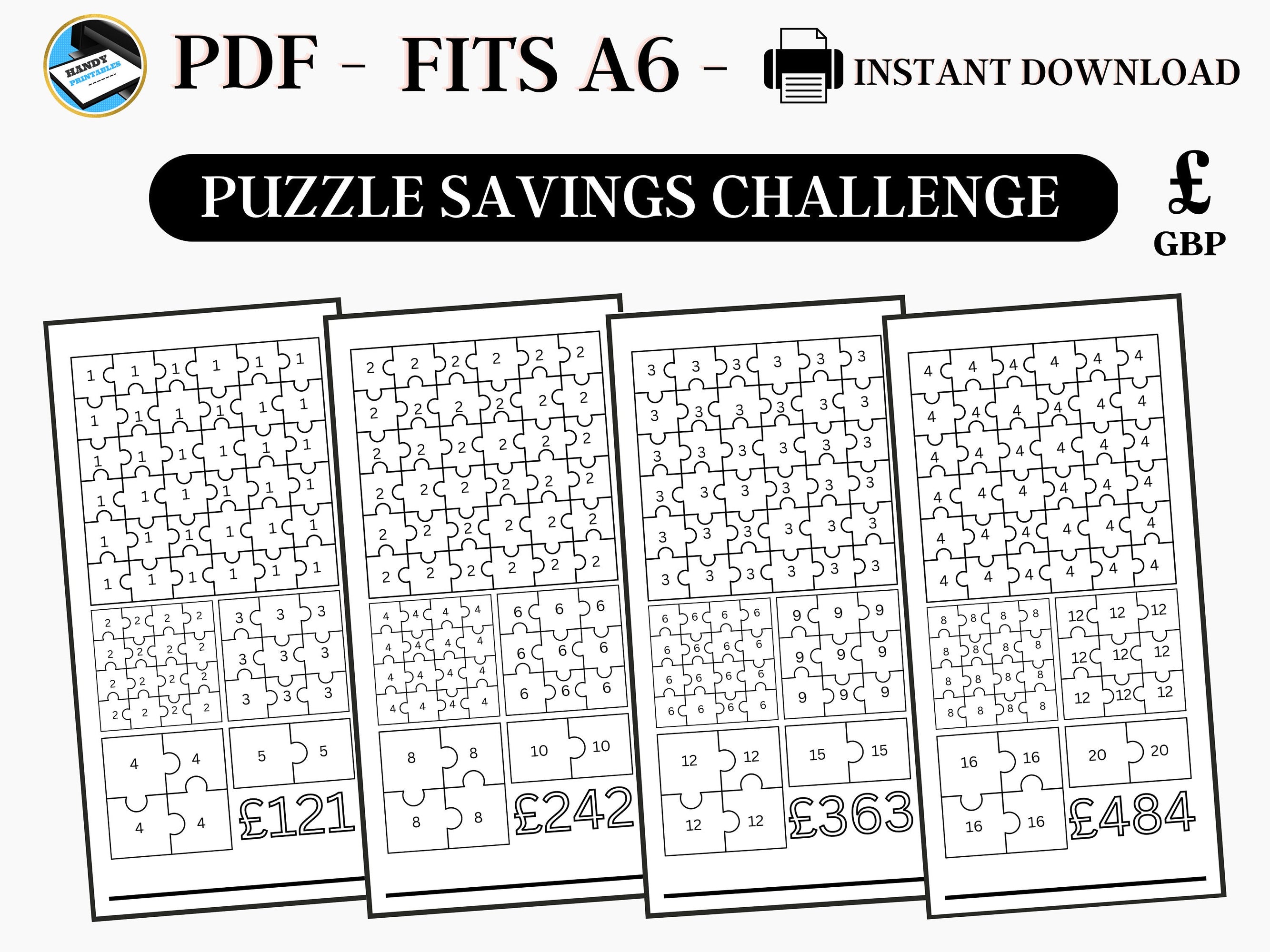 Printable Savings Challenge, A6 Savings Challenge, Puzzle Savings Challenge, Savings Challenge UK, A6 Sized Mini Savings, Fits A6, GBP, PDF - HandyPrintables