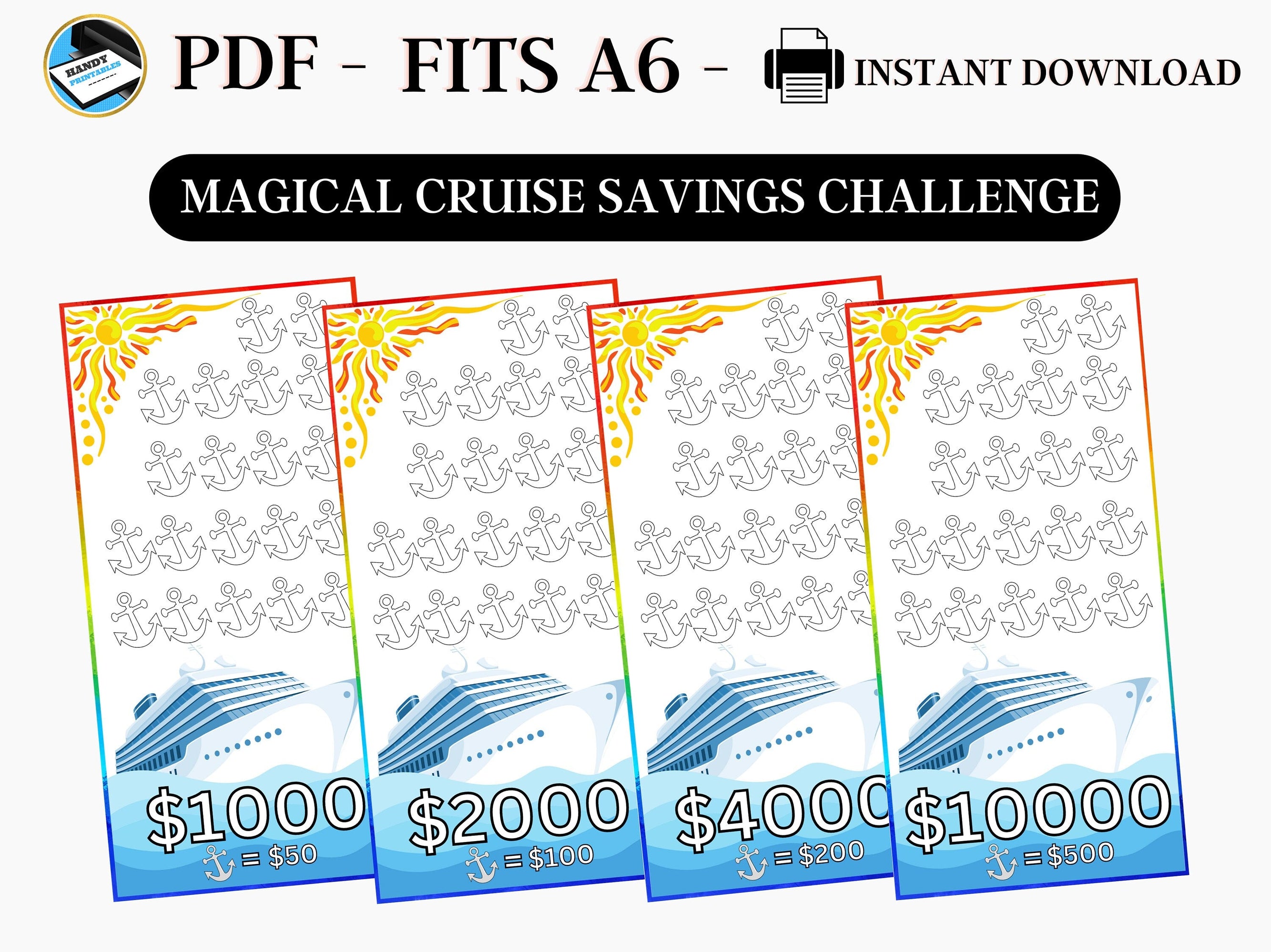 Savings Challenge Printable, A6 Savings Challenge, Cruise Savings Challenge, Colorful Savings Challenge, Printable A6 Savings, Fits A6, PDF - HandyPrintables