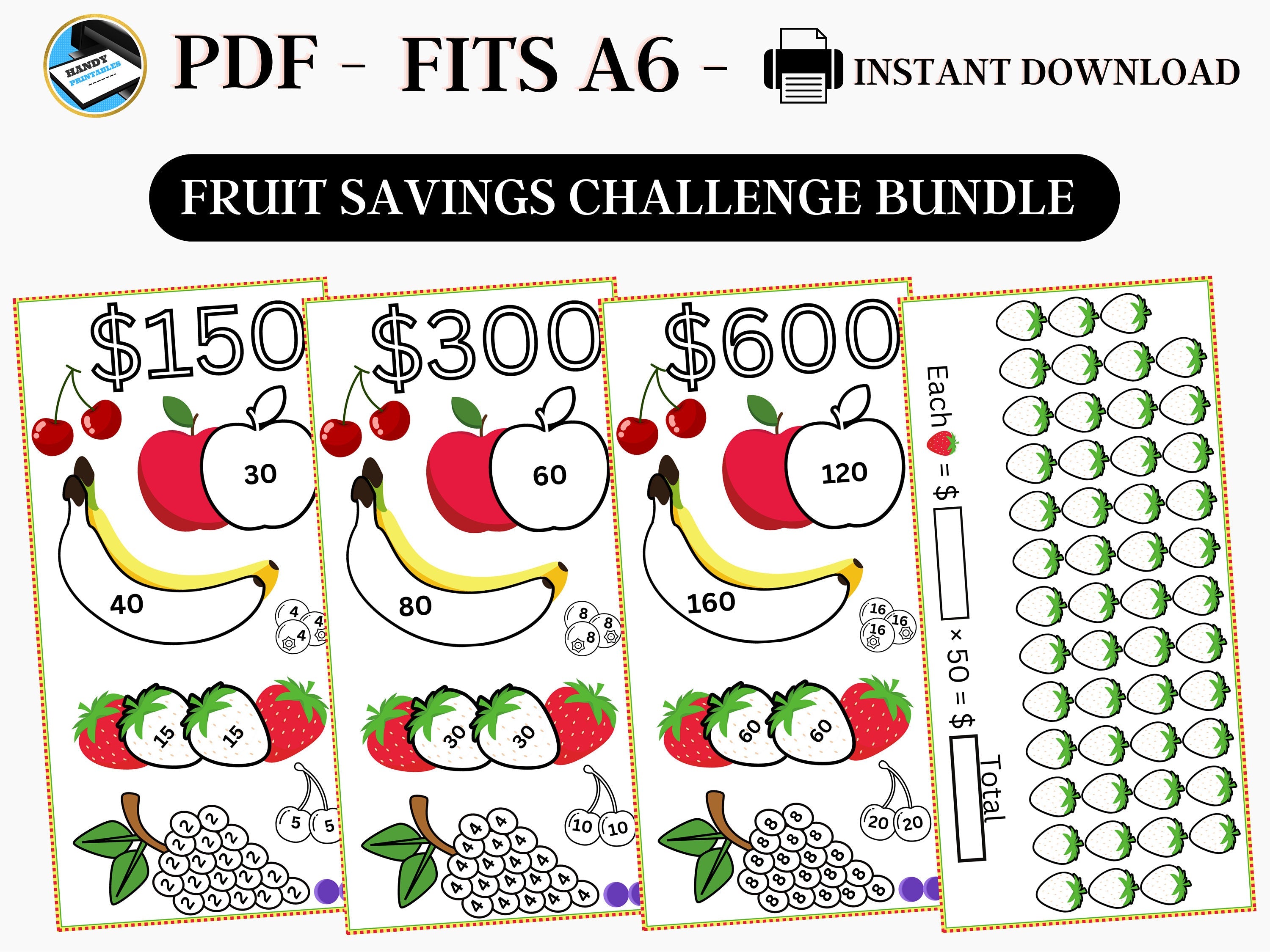 Savings Challenge Printable, A6 Savings Challenge, Fruits Savings Challenge, Savings Challenge Bundle, A6 Sized Mini Savings, Fits A6, PDF - HandyPrintables