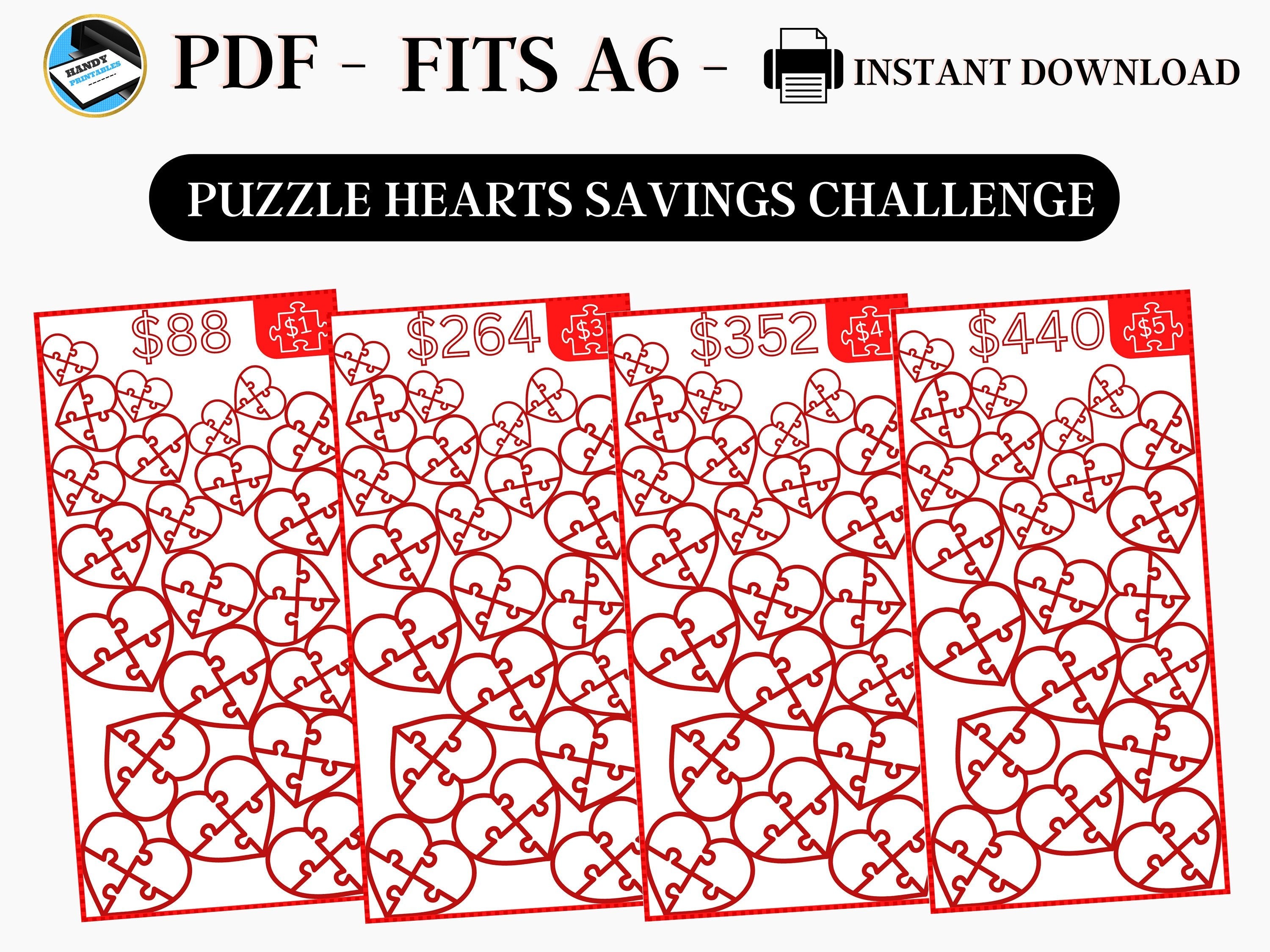 Savings Challenge Printable, Puzzle Hearts Savings Challenge, A6 Savings Challenge, Cute Savings Challenge, Printable Savings, Fits A6, PDF - HandyPrintables