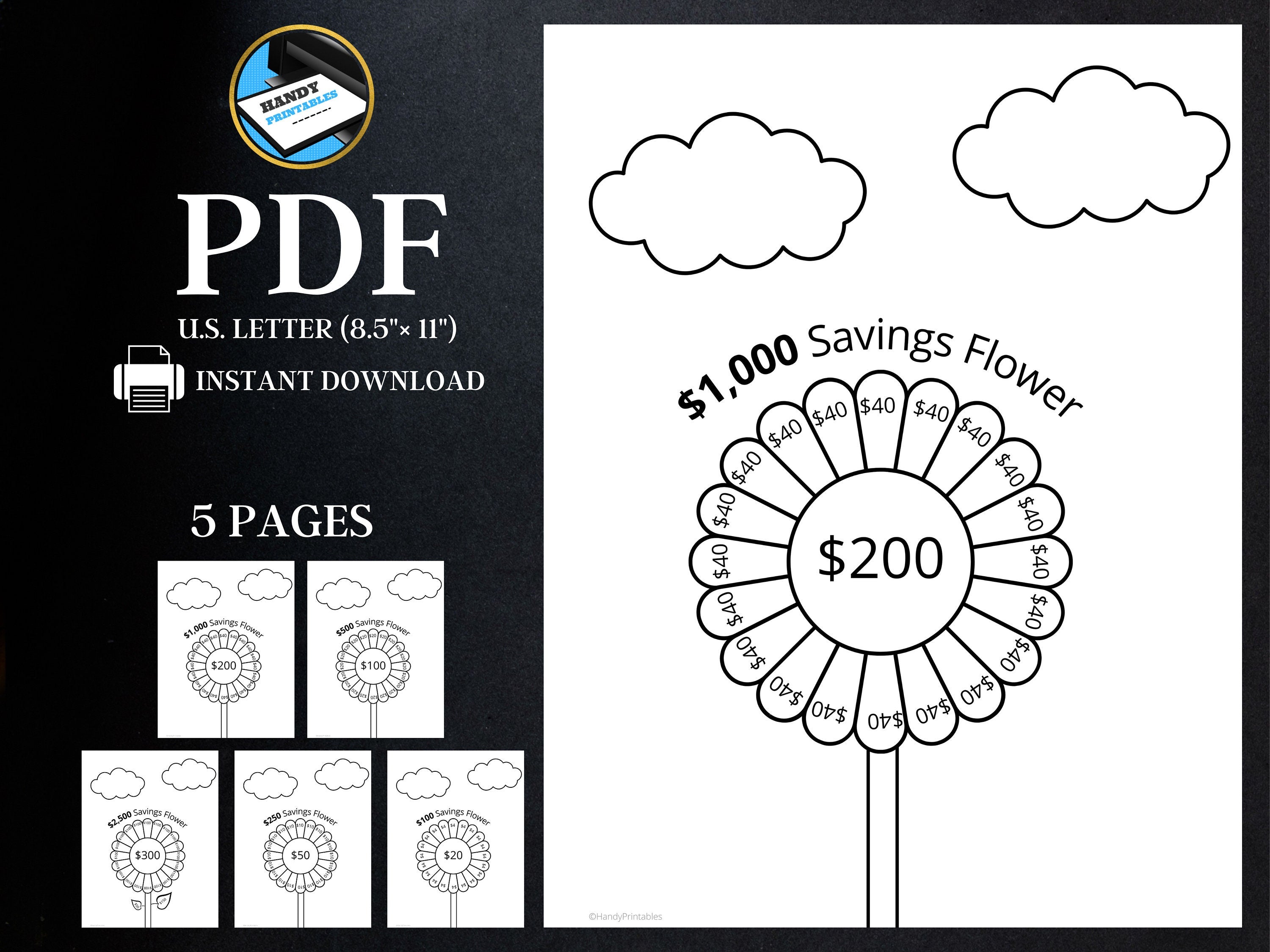 Savings Challenge Printable, Savings Tracker, 2500 savings challenge, 1000, 500, 250, 1000, Letter Sized 8.5 x 11, INSTANT DOWNLOAD, PDF - HandyPrintables