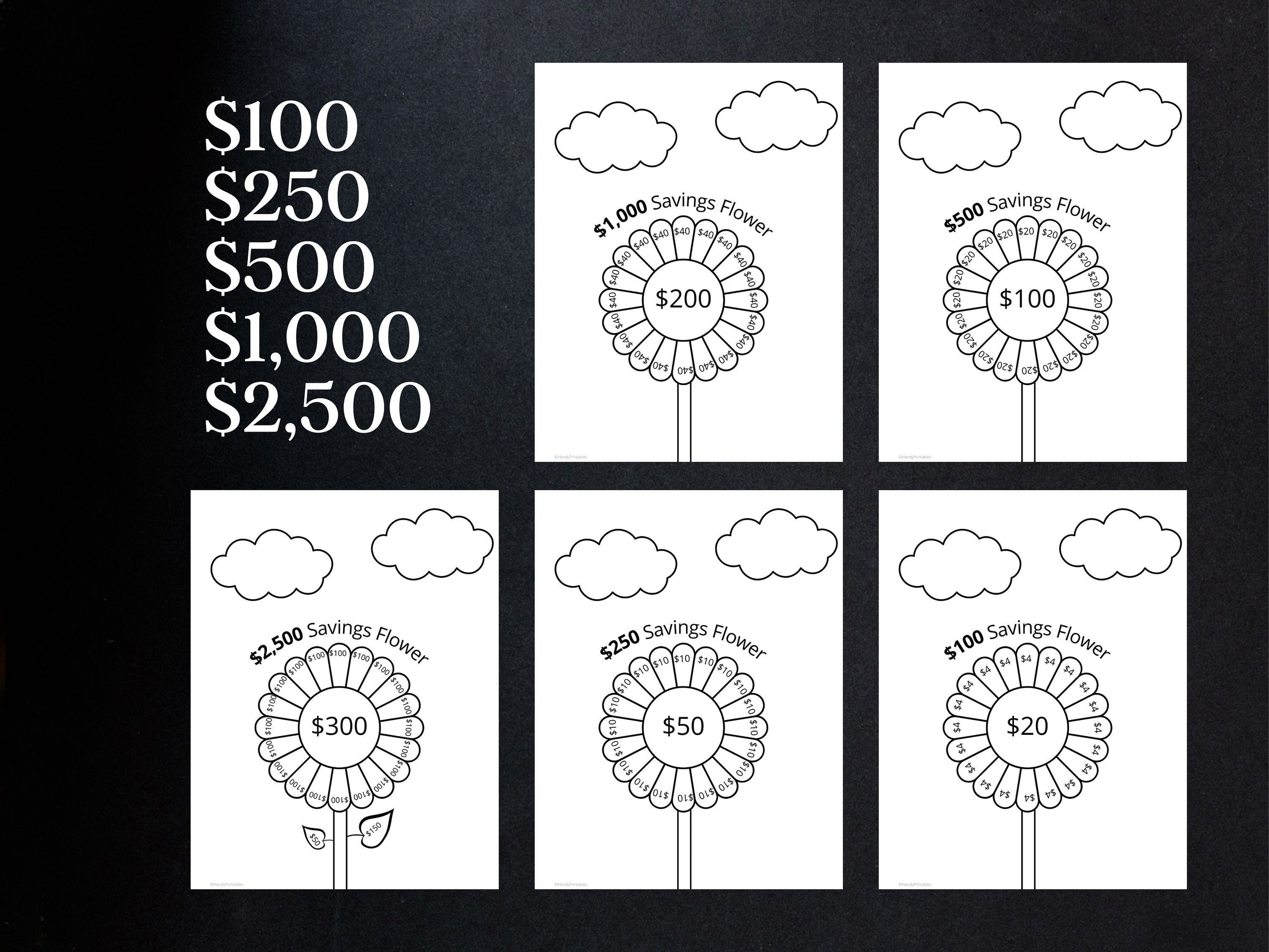 Savings Challenge Printable, Savings Tracker, 2500 savings challenge, 1000, 500, 250, 1000, Letter Sized 8.5 x 11, INSTANT DOWNLOAD, PDF - HandyPrintables