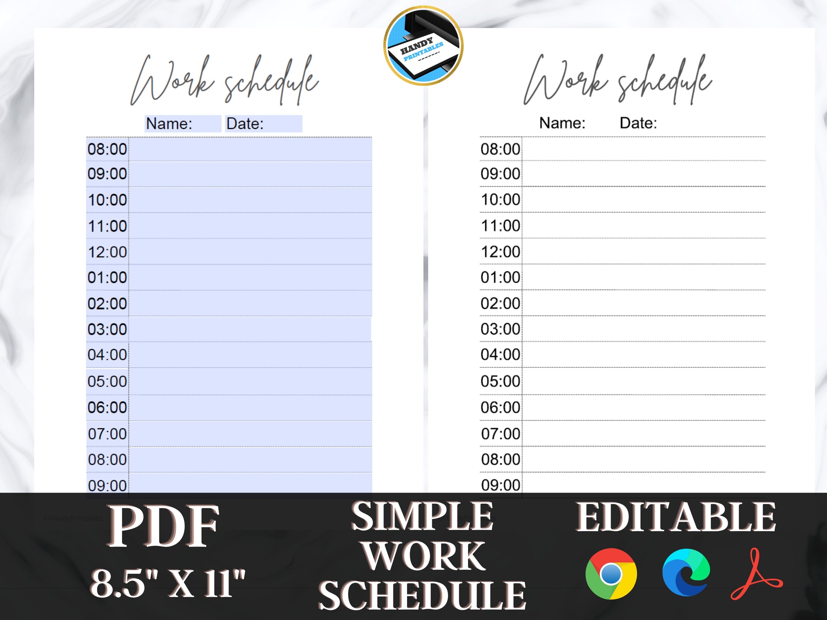 Simple Editable Work Schedule, Printable Work Schedule, PDF Schedule, Schedule for Work, Daily Work Schedule, Instant Download, 8.5 x 11 - HandyPrintables