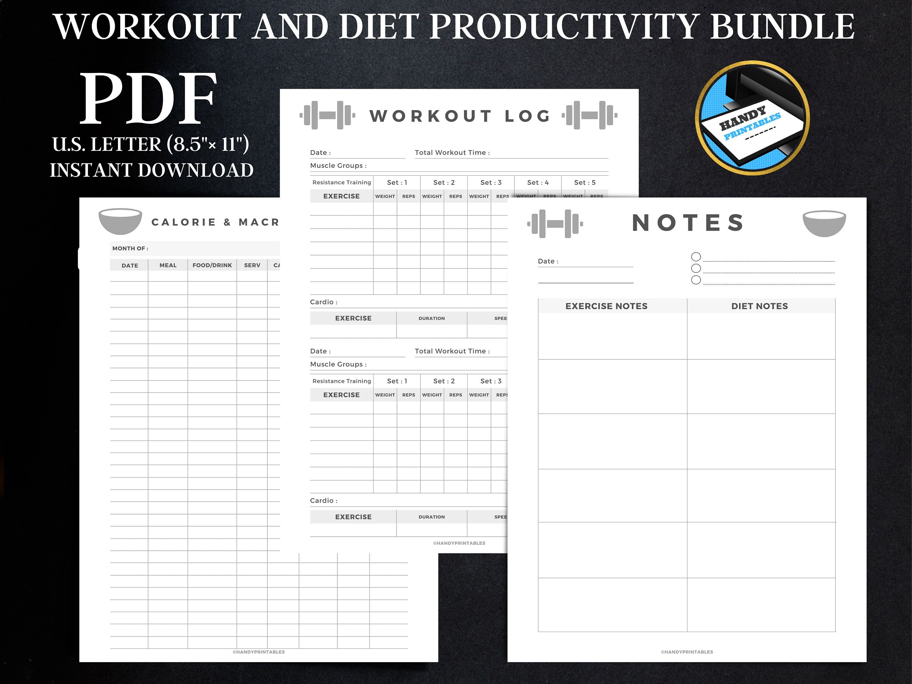 Workout and Meal Planner, Workout Log Printable, Workout and Diet Productivity Bundle, Calorie Tracker, Fitness Planner, Workout Tracker - HandyPrintables