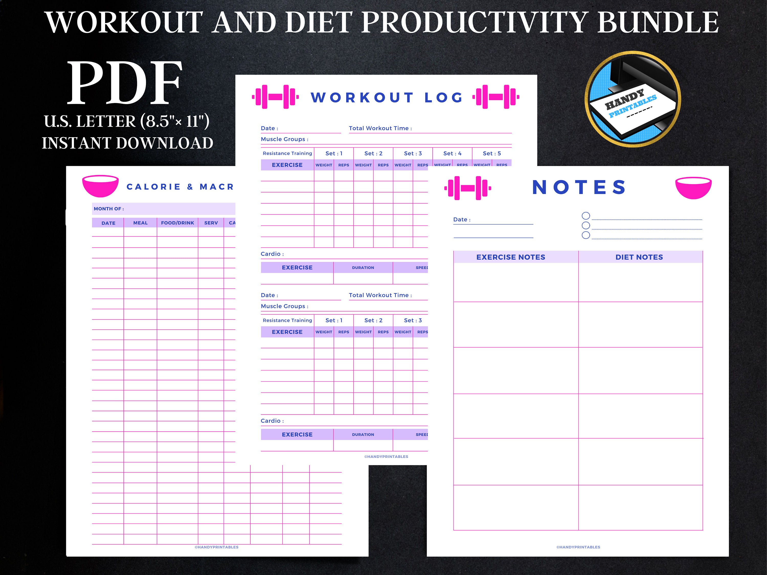 Workout Tracker Printable, Meal log, Exercise Journal, Bodybuilding Tracker, Cardio Tracker, Macro Tracking, INSTANT DOWNLOAD - HandyPrintables